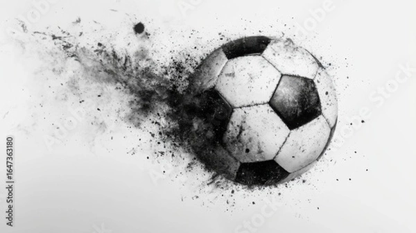 Fototapeta Dynamic monochrome rendering of a soccer ball disintegrating into particles