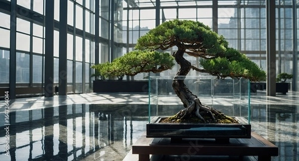 Obraz A bonsai tree in a glass case inside a modern building with large windows and marble floors