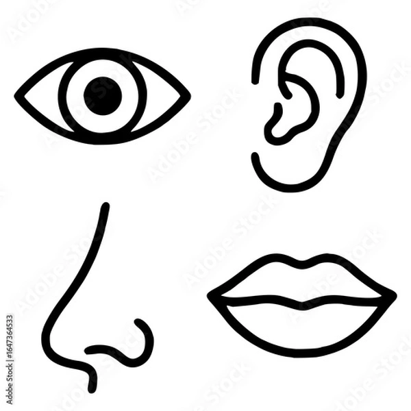 Fototapeta Black and white icon set depicting human senses. Includes a stylized eye, ear, nose, and lips. Each symbol is outlined in a bold, smooth line. The eye is almond-shaped with a central pupil. The ear is