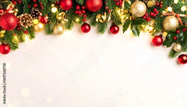 Fototapeta Christmas festive border background with a top frame decorated with pine branches, red and gold ornaments, and sparkling lights on a white backdrop