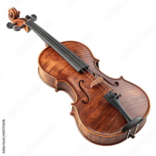 Fototapeta Ai generated image of acoustic wooden violin with strings and bow, a classical musical instrument used for orchestra performance, isolated on transparent background