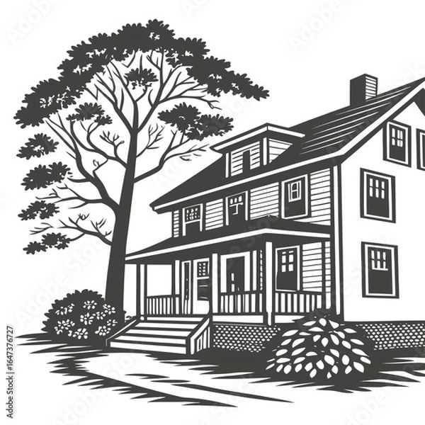 Obraz Vintage American House with Tree Illustration