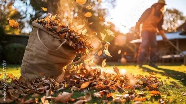 Fototapeta Sunlit autumn leaves overflowing from a yard bag on a green lawn, with a person working in the background.