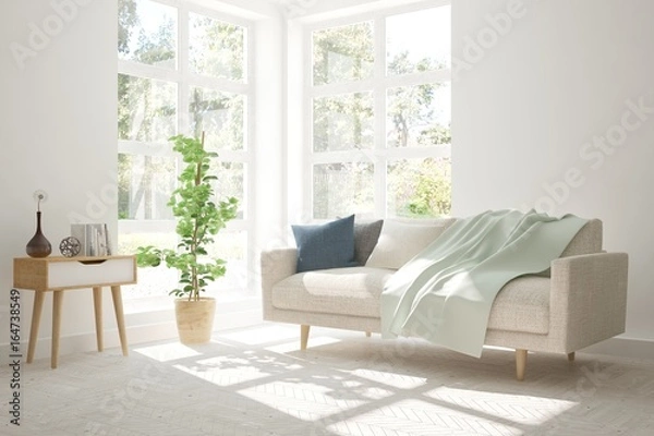 Fototapeta White room with sofa and summer landscape in window. Scandinavian interior design. 3D illustration