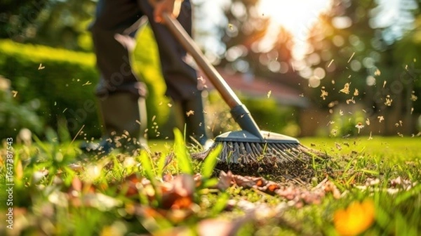 Fototapeta Autumn yard work: Person sweeping fallen leaves from green grass with a rake in warm sunlight