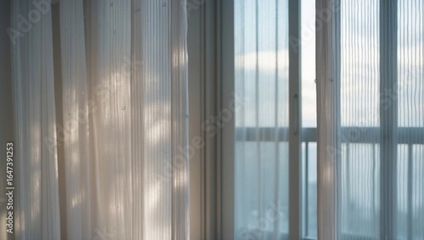 Fototapeta Light curtains on a window with sunlight shining through.