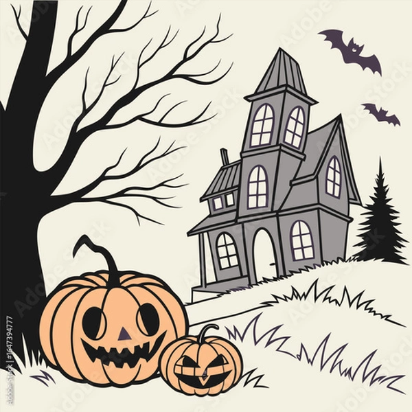 Obraz Old house with pumpkins in front, hellowen night
