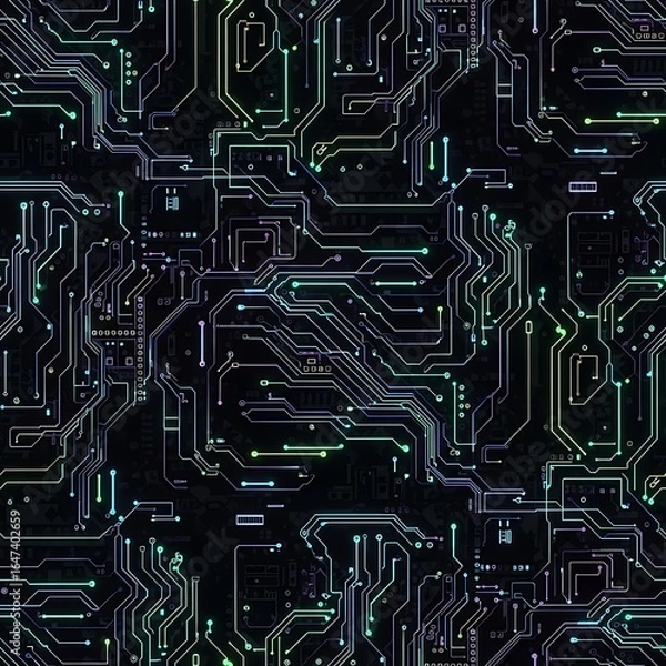 Fototapeta Seamless futuristic circuit board texture with glowing neon lines, high-tech digital background for sci-fi and cyberpunk designs