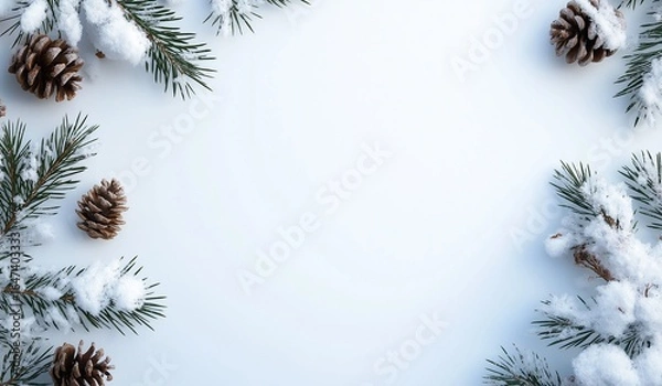 Obraz Minimalist top-view winter template with snow-covered pine branches and cones framing empty central space, ideal for festive design projects