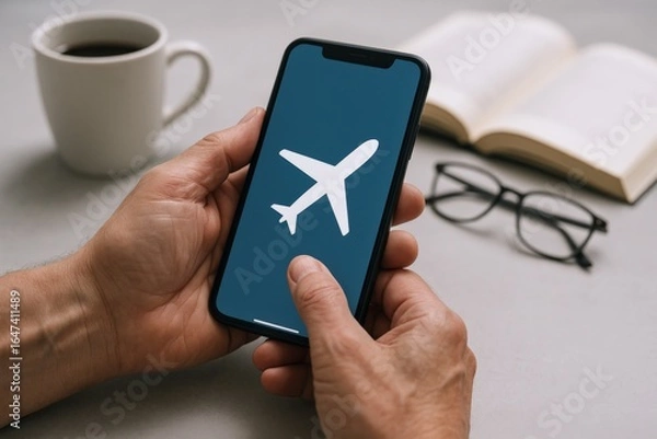 Fototapeta Booking a Flight Online: Hands Holding Smartphone with Airplane Icon, Travel Concept with Accessories