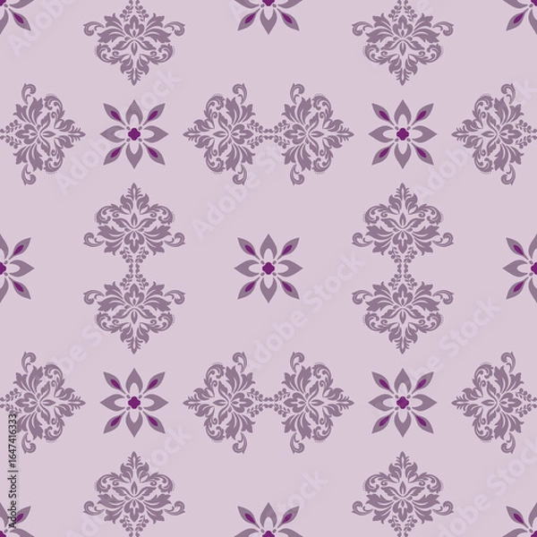 Fototapeta Seamless purple damask pattern with floral motifs on soft lavender background, elegant ornamental design for wallpaper, fabric, and home decor.