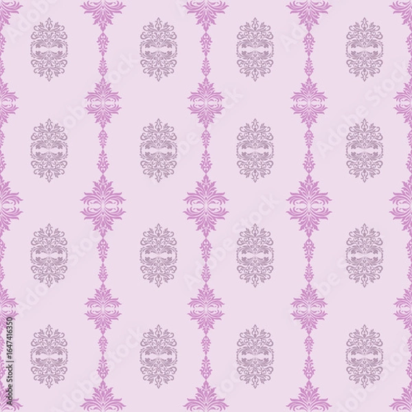 Fototapeta Seamless purple damask pattern with floral motifs on soft lavender background, elegant ornamental design for wallpaper, fabric, and home decor.