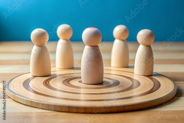 Fototapeta Wooden figures on target representing leadership, teamwork, and strategic planning