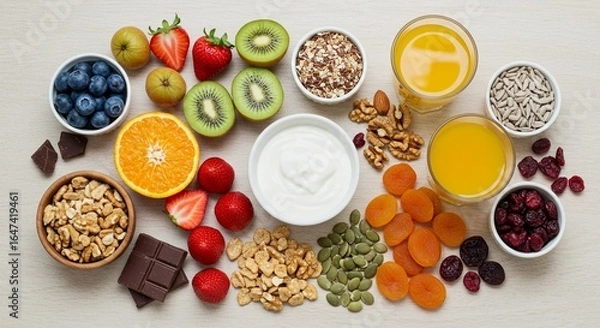 Fototapeta An overhead view of a colorful and healthy food spread with bowls of yogurt, blueberries, seeds, nuts, and chocolate, surrounded by fresh fruits and orange juice.
