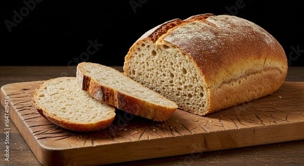 Fototapeta ​A partially sliced loaf of crusty bread dusted with flour sits on a wooden cutting board against a dark background. Two slices are cut, revealing the soft, airy interior.