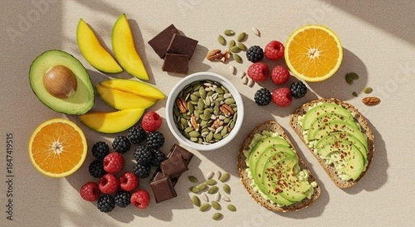 Fototapeta A colorful overhead view of a healthy snack spread with avocado toast, mango, oranges, assorted berries, and a bowl of seeds and nuts, all on a light surface with natural shadows.