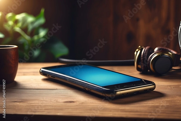 Obraz Modern tech lifestyle mobile device with headphones and sleek design on wooden desk surface