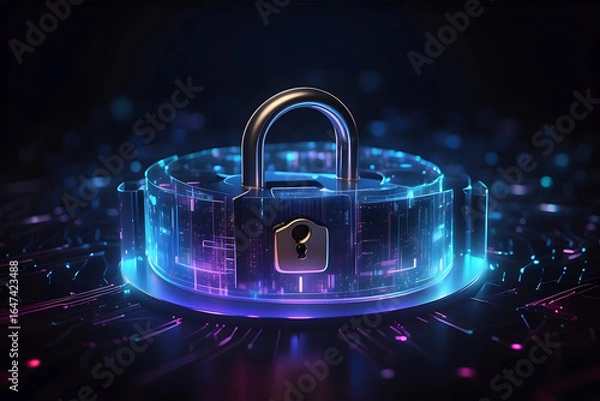 Obraz Cybersecurity lock protecting digital data with advanced encryption technology on glowing circuit board