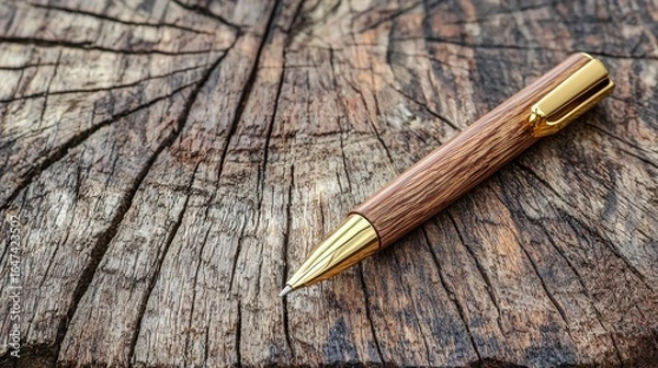 Fototapeta Wooden Pen with Golden Accents Resting on Detailed Tree Stump with Ring Texture