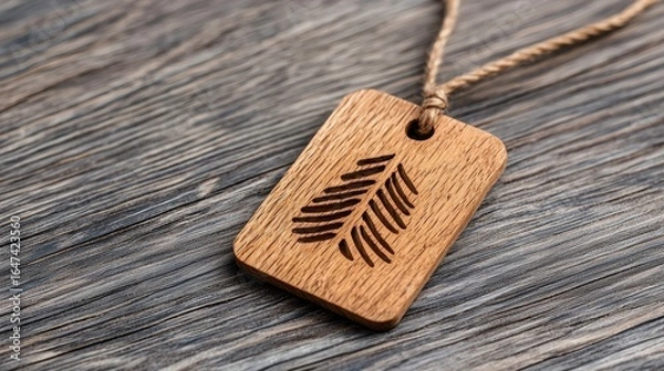 Fototapeta Wooden Pendant with Fern Design on Rustic Wood Background in Natural Light