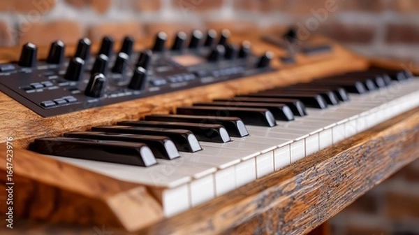 Fototapeta Wooden Synthesizer Keyboard with Black and White Keys Close Up