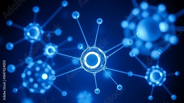 Fototapeta Abstract futuristic structure of interconnected glowing spheres floating in dark space, symbolizing digital networks.