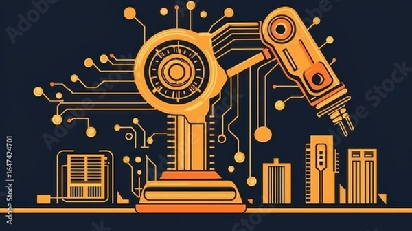 Fototapeta Yellow and Orange Robotic Arm Pixel Art on Navy Blue Background with Buildings