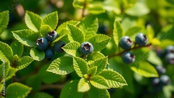 Fototapeta Close-up of lush blueberry leaves glowing in morning light with a clean botanical backdrop.