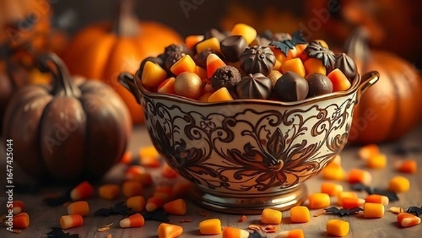 Fototapeta Vintage Halloween candy bowl filled with chocolates and candy corn, bat confetti scattered on a warm autumnal backdrop.