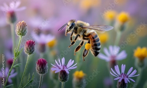 Fototapeta A honeybee in flight amidst wildflowers.  Focuses on a vibrant honeybee in mid-air, surrounded by a profusion of various purple, pink, and yellow wildflowers. Soft, natural light bathes the scene