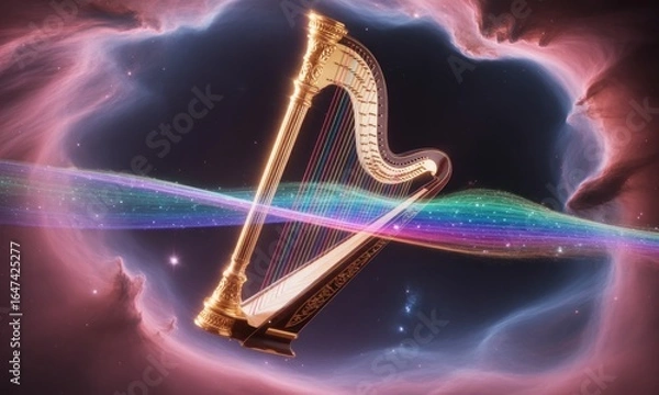 Fototapeta A golden harp floats in a vibrant cosmic nebula