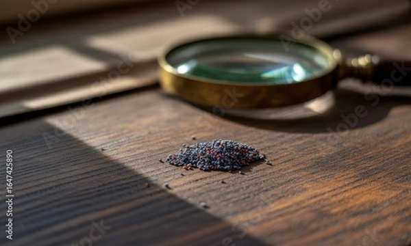Fototapeta A small pile of dark gray seeds, speckled with red, sits on a wooden surface, illuminated by sunlight filtering through a window. A magnifying glass rests nearby