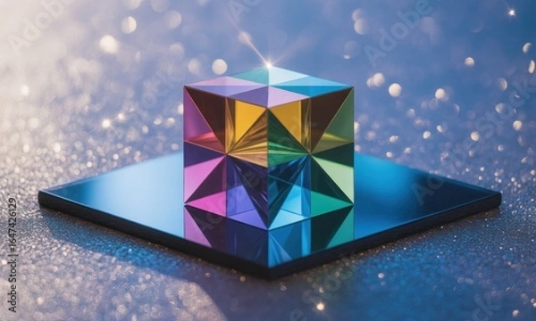Fototapeta A multifaceted crystal cube rests on a reflective square, bathed in a soft, multicolored light