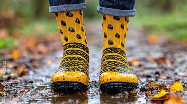 Fototapeta Yellow Polka Dot Rain Boots Standing in Muddy Puddle on Forest Path with Autumn Leaves