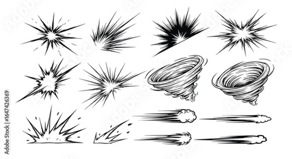 Fototapeta Collection of hand drawn motion effect illustrations, including explosions and swirling vortexes.
