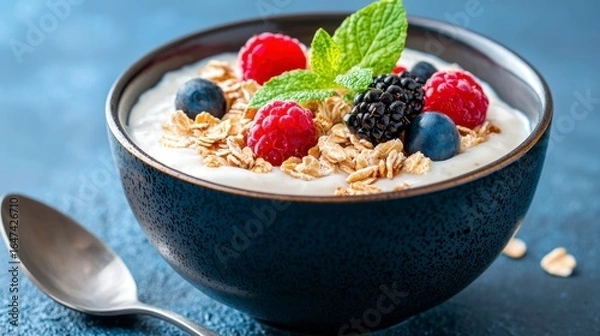 Fototapeta Yogurt Bowl with Mixed Berries and Granola Displaying Dark Blue Hue on Soft Blue Background