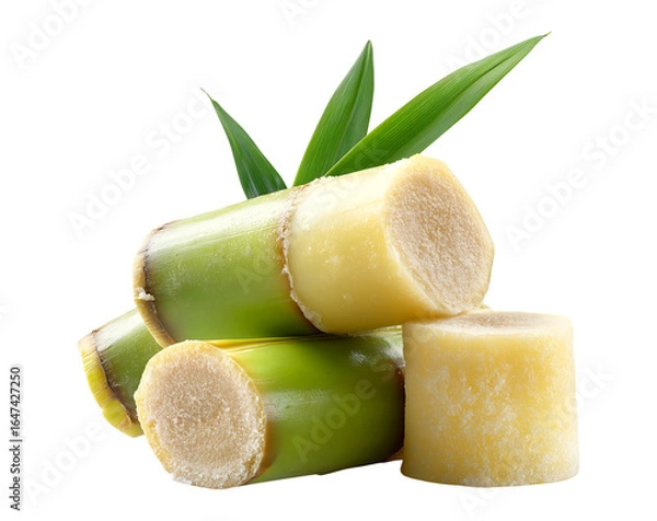 Fototapeta Sugarcane juice, with a sweet and soft texture, cut into pieces of sugarcane isolated on a transparent background