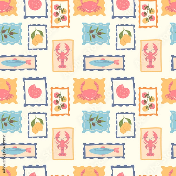 Fototapeta Seamless pattern of summer vintage stamps on a light background