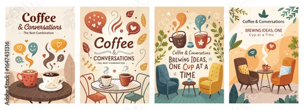 Obraz Charming coffee-themed illustrations promoting warm conversations and creativity.