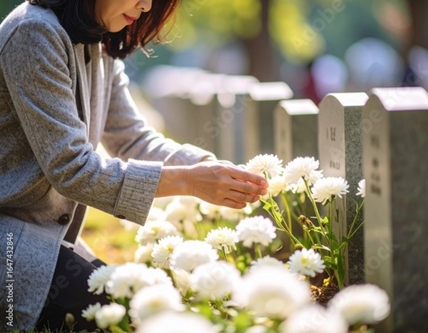 Obraz 墓前で花を添えて手を合わせる