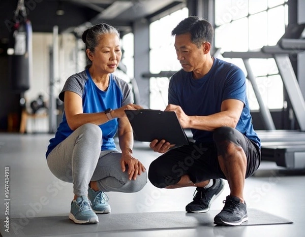 Obraz ジムでトレーナーに指導を受けるシニア女性