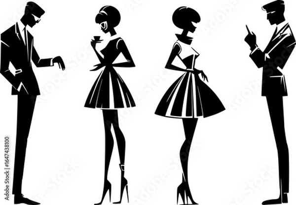 Obraz Set of four silhouettes of women and men cafe in retro 1960s style, modern fashion with mini skirts, bob haircuts, isolated without background