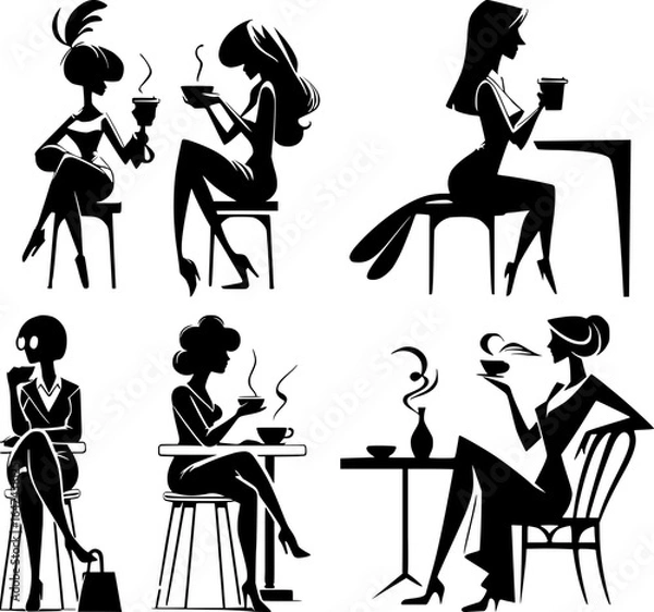Obraz Set of six black and white female cafe silhouettes, women sitting at tables, hand drawn sketch, isolated on transparent background
