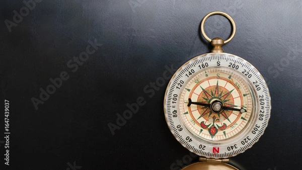 Fototapeta Vintage brass compass with detailed rose design lies on dark surface, evoking sense of exploration and adventure. compass needle points north, symbolizing guidance