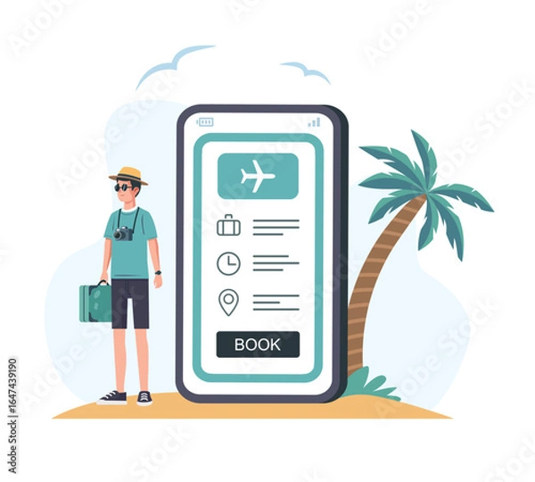 Fototapeta A tourist with a suitcase. Colored vector flat illustration. White background.