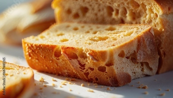 Fototapeta Sliced bread with a golden crust and soft interior, close-up. Baked bread, bakery, and food. The concept of bread baking and bakery products.