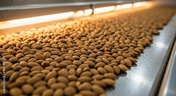 Fototapeta Raw almonds spread across conveyor belt in processing facility, illuminated by bright lights, showcasing meticulous sorting and preparation for packaging