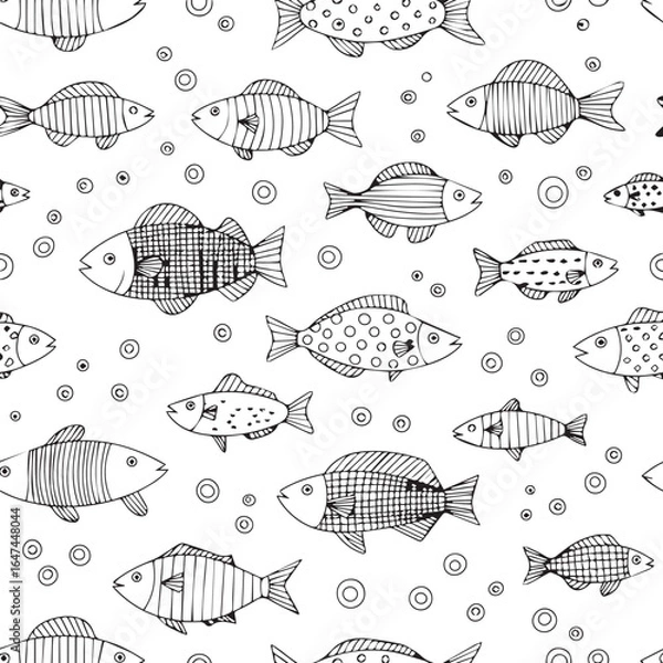 Fototapeta underwater cartoon fish outline pattern vector for wallpaper textile coloring book design
