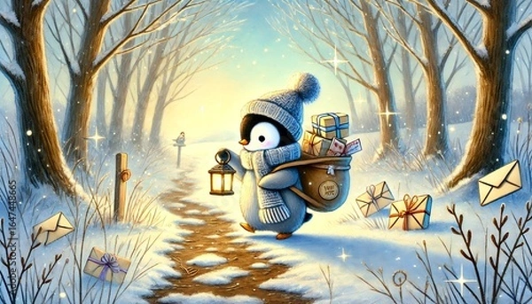 Obraz A Small Penguin Mail Carrier Walks Through a Snow-Melting Forest Path Under a Gentle Blue Sky, Delivering Magical Letters and Packages in a Whimsical Springtime Setting