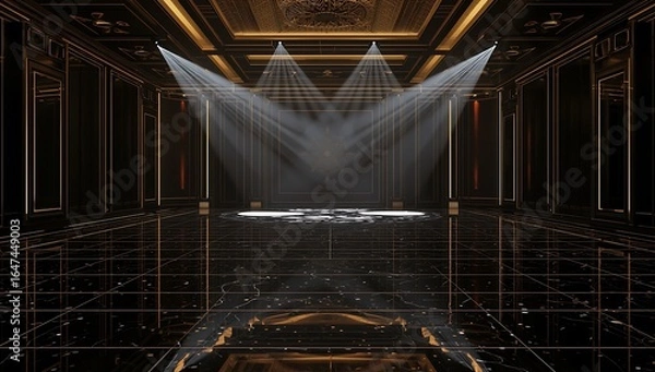 Fototapeta Luminous Grandeur: Where focused beams of light cut through the dark, revealing intricate gold details against a polished black stage. A masterclass in theatrical design.
